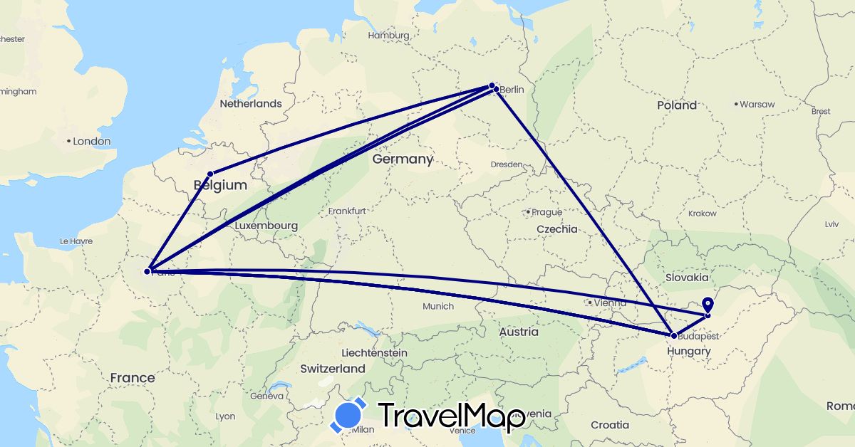 TravelMap itinerary: driving in Belgium, Germany, France, Hungary (Europe)